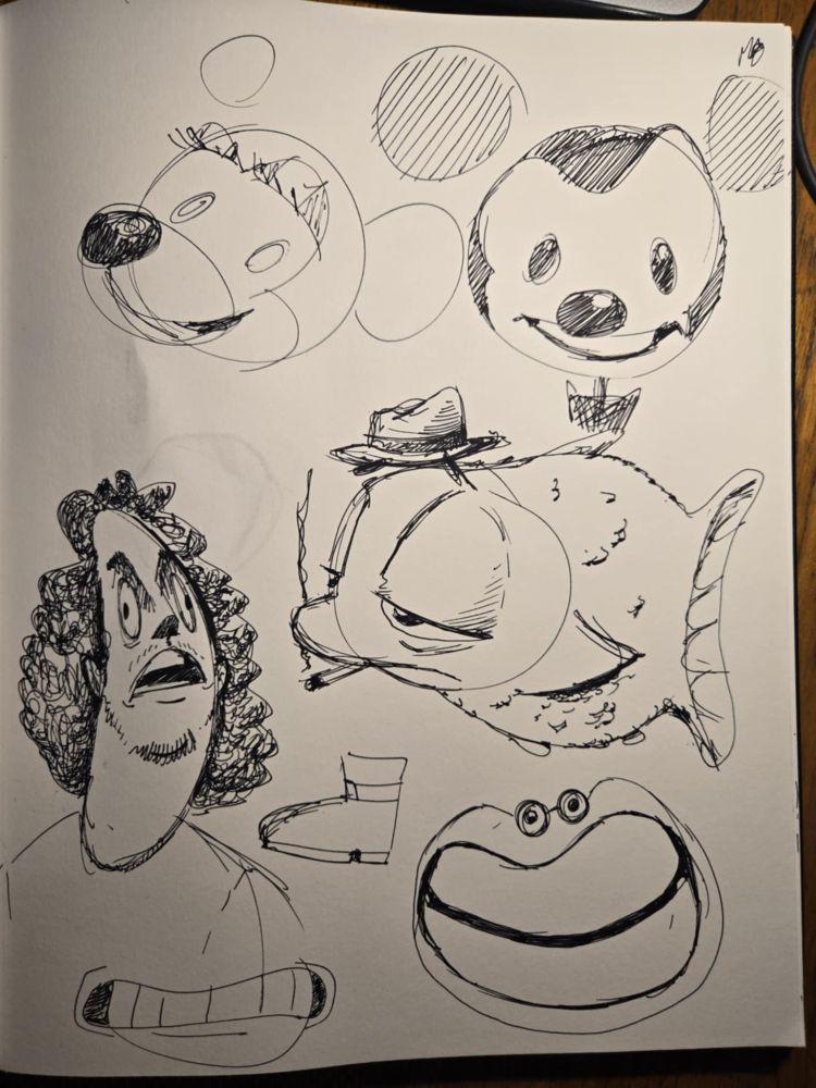 Ink sketches. Highlights include an off-model Mickey Mouse, a Comic Book Guy-looking man with a panicked expression, and a sad-looking fish with a fedora and cigarette.