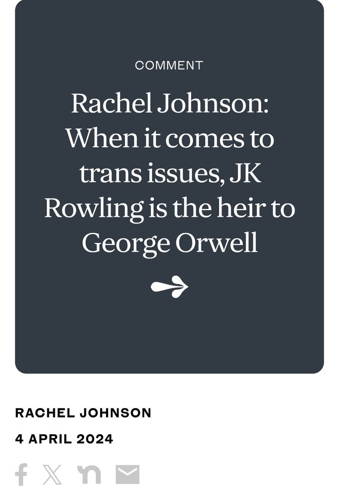 Screenshot of another comment column from The Standard newspaper. The headline says Rachel Johnson: When it comes to trans issues, JK Rowling is the heir to George Orwell