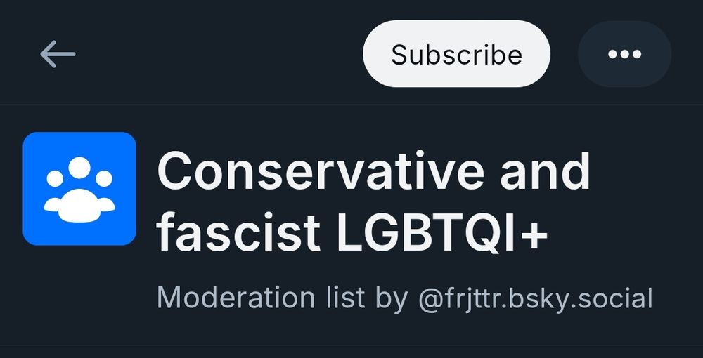 Screenshot of moderation list created by frjttr.bsky.social. The list is called Conservative and fascist LGBTQI+