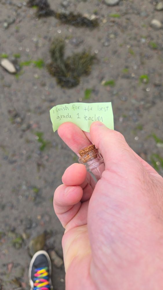 Hand holding a small slip of green paper with "I wish for the best grade 1 teacher" written on it. In the background is a wet sand and rock beach and a black shoe with rainbow laces.