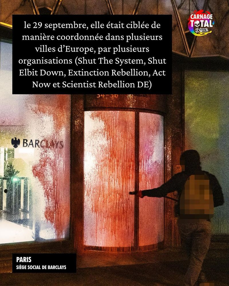 Le 29 septembre, elle était ciblée de manière coordonnée dans plusieurs villes d’Europe, par plusieurs organisations (Shut The System, Shut Elbit Down, Extinction Rebellion, Act Now et Scientist Rebellion DE)
