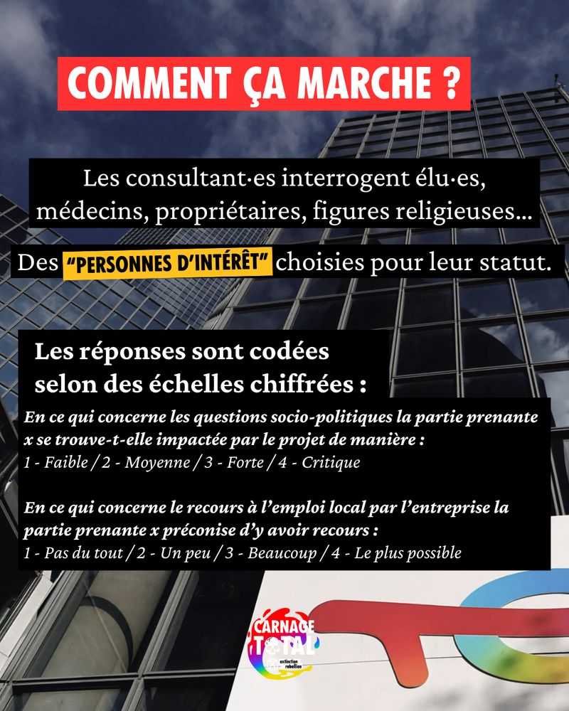 Comment ça marche ?
Les consultant·e·s interrogent élu·e·s, médecins, propriétaires, figures religieuses… Des « personnes d’intérêt » choisies pour leur statut.
Les réponses sont codées selon des échelles chiffrées :
En ce qui concerne les questions socio-politiques la partie prenante x se trouve-t-elle impactée par le projet de manière 1 - Faible / 2 - Moyenne / 3 - Forte / 4 - Critique 
En ce qui concerne le recours à l’emploi local par l’entreprise la partie prenante x préconise d’y avoir recours 1 - Pas du tout / 2 - Un peu / 3 - Beaucoup / 4 - Le plus possible