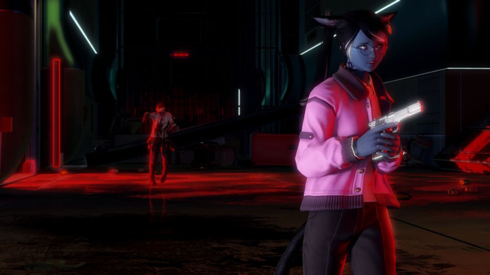 Miah walking down a corridor in an abandoned lab, wearing modern clothes and holding a modern pistol in her hands. She is nervously looking to her left as she walks, unaware of the zombie shambling towards her from behind.