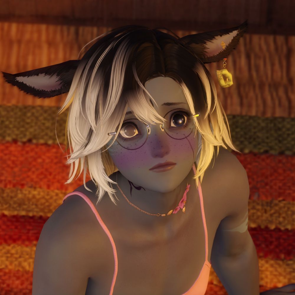 Miah looking up while blushing intensely with heavily dilated eyes.