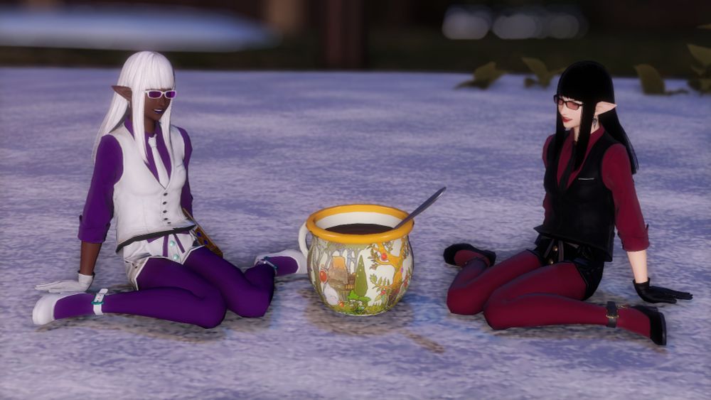 Haam and Maah sitting in the snow together next to the mug, which is roughly half their size.