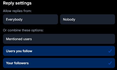 Bluesky post interaction settings, with replies enabled from "Users you follow" and "Your followers".