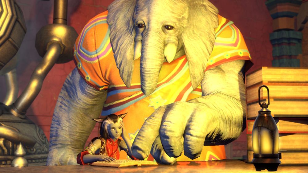 A younger Miah attempting to read from a book while an Arkasodara woman towers over her and points to a passage in the book.