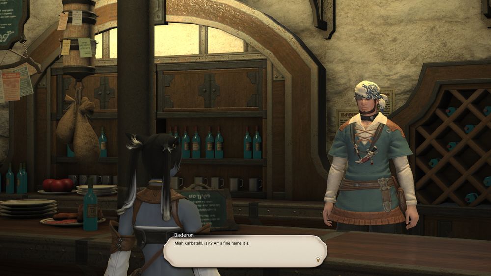 A Final Fantasy XIV screenshot of the miqo'te formally known as Pieh standing in front of Baderon, who is saying "Miah Kahbatahl, is it? An' a fine name it is."