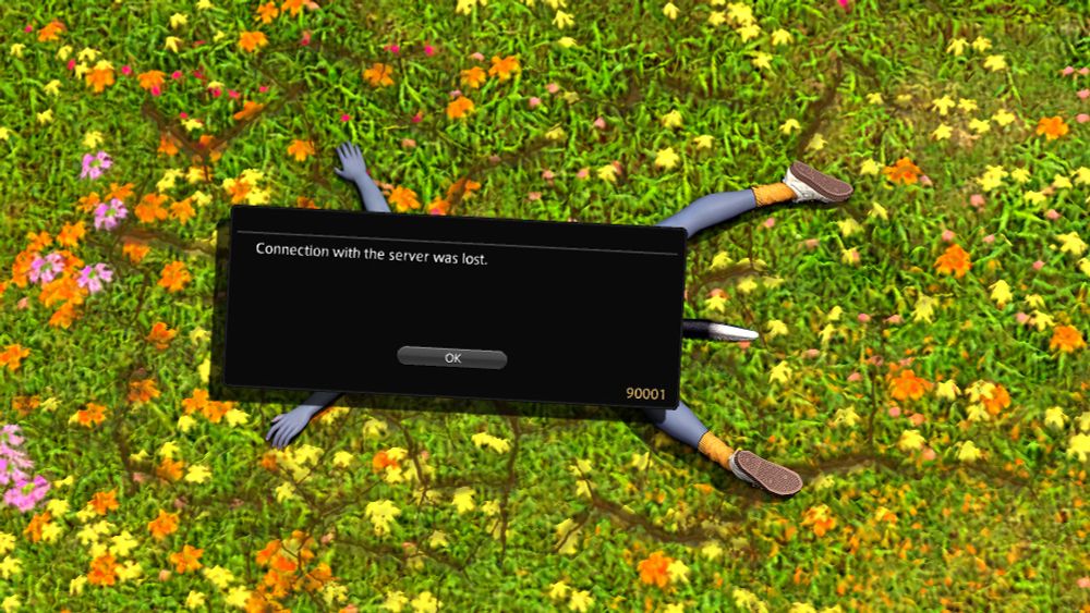 Miah sprawled on the ground which is covered in cracks, with a Final Fantasy XIV connection lost error message on top of her, as if it fell on her suddenly and crushed her.