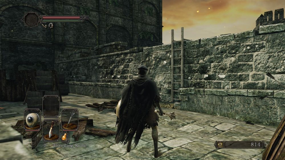 A dark souls 2 screenshot showing the player standing in front of a ladder in a fortress, which leads to a spot where The Pursuer boss can ambush the player.