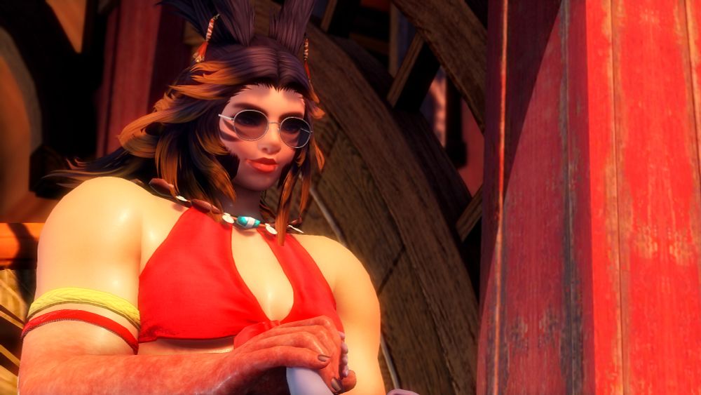 Another angle of Gris looking down a Miah with a soft smile, her tiny hand being held by their much larger hand.