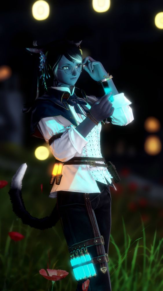 Miah standing in a field of flowers at night, adjusting her glasses as she looks at a vial of glowing blue liquid in her hand. The glow is so bright it is illuminating her face in this night scene. Vials with similarly bright glows are strapped to her hip and her thigh.