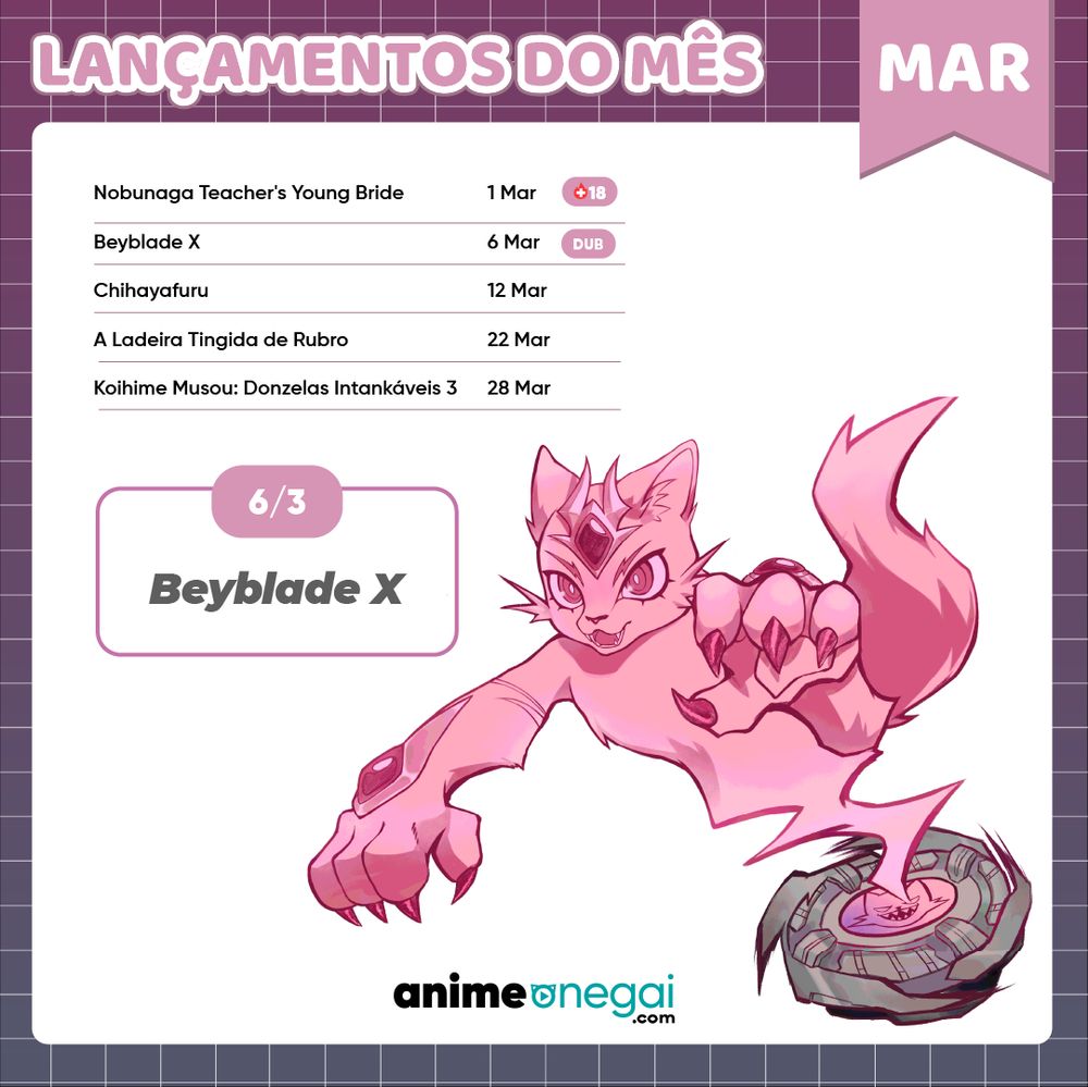 Na imagem vemos Kyami versão Beyblade. No texto lemos: Lançamentos do mês: Nobunaga Teacher's Young Bride, Beyblade X,  Chihayafuru, A Ladeira Tingida de Rubro e Koihime Musou : Donzelas Intankáveis 3. 