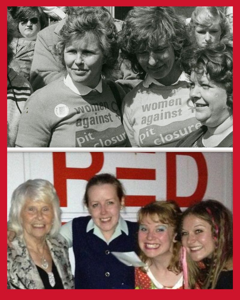 Anne in her Women Against Pit Closures t-shirt during the miners' strike and below after a 2014 performance of We're Not Going Back, smiling with cast members. 