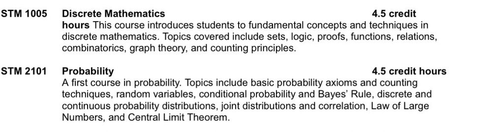 Course descriptions for two STEM classes at the Bari Weiss University.

STM 1005 Discrete Mathematics 4.5 credit
hours This course introduces students to fundamental concepts and techniques in
discrete mathematics. Topics covered include sets, logic, proofs, functions, relations,
combinatorics, graph theory, and counting principles.

STM 2101 Probability 4.5 credit hours
A first course in probability. Topics include basic probability axioms and counting
techniques, random variables, conditional probability and Bayes’ Rule, discrete and
continuous probability distributions, joint distributions and correlation, Law of Large
Numbers, and Central Limit Theorem.