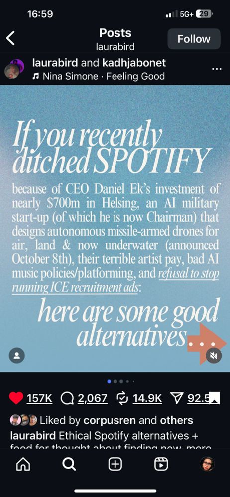 If you recently
ditched SPOTIFY
because of CEO Daniel Ek's investment of nearly $700m in Helsing, an Al military start-up (of which he is now Chairman) that designs autonomous missile-armed drones for air, land & now underwater (announced October 8th), their terrible artist pay, bad AI music policies/platforming, and refusal to stop running ICE recruitment ads:

here are some good alternatives… ➡️