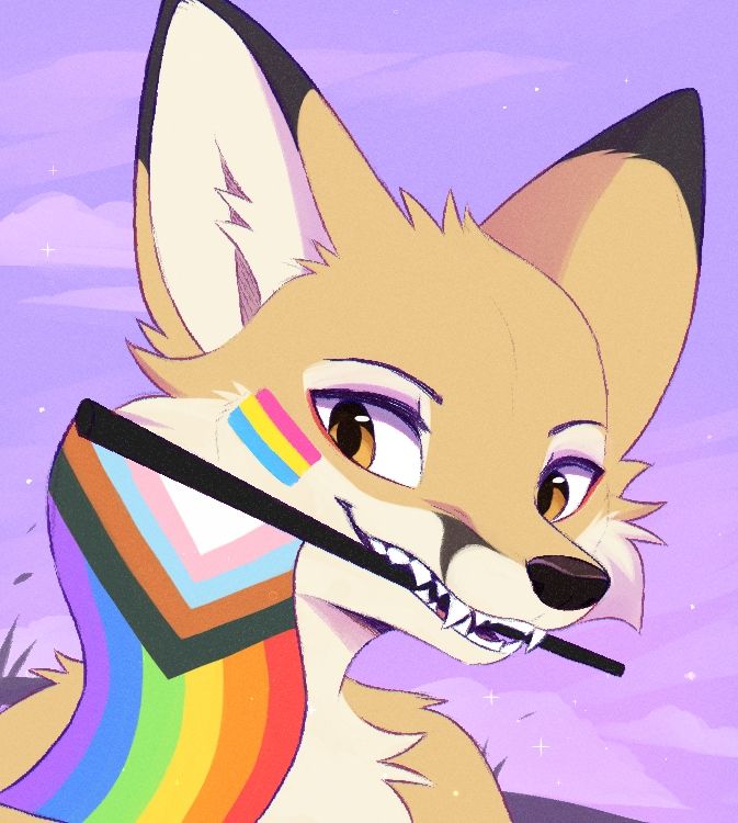 Swift fox with a pansexual pride flag painted on his cheek looking at the viewer and holding a LGBTQ+ pride flag in his sharp teeth.