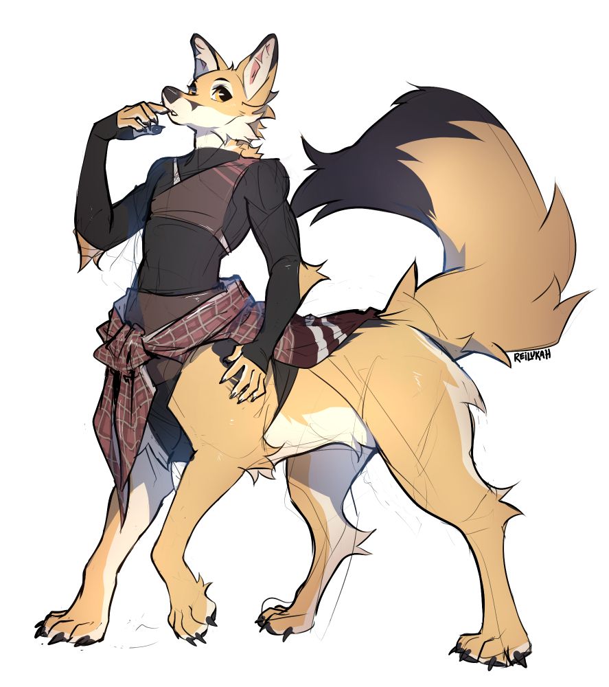 Foxtaur in a fashionable outfit which covers their upper body but leaves their lower body exposed.