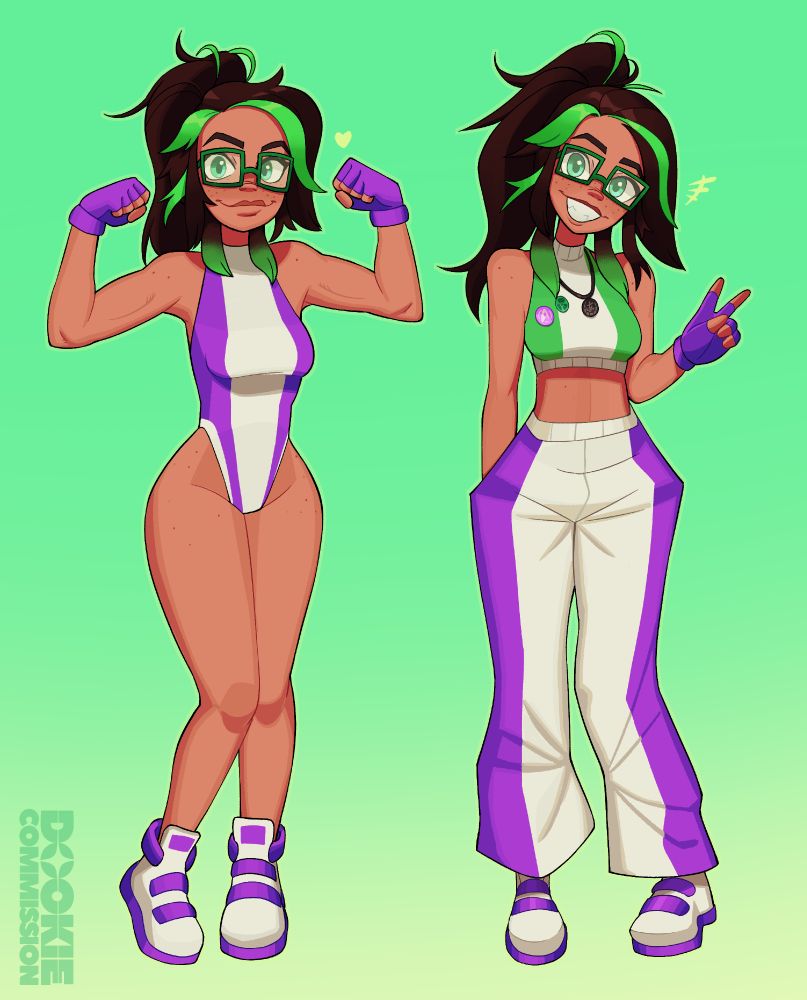 Two poses featuring my OC Sheila who has brown skin with freckles, brown hair with green streaks, green eyes and green glasses. The left image shows her in a flexing pose, wearing She-Hulk leotard and shoes with fingerless gloves. The right image shows her grinning and giving a peace sign, wearing a green and white crop top with purple and white track pants.