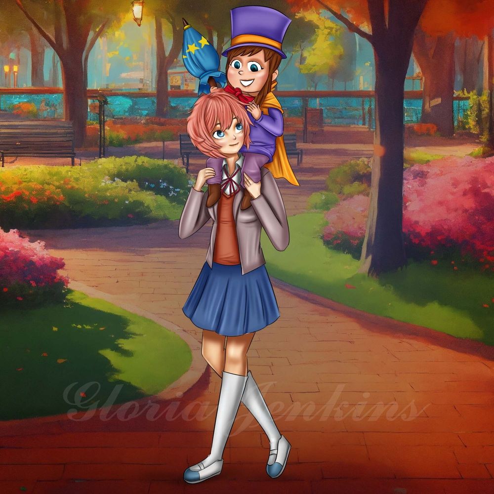 Sayori from Doki Doki Literature Club giving Hat Kid from A Hat In Time a piggyback ride through a park in autumn.