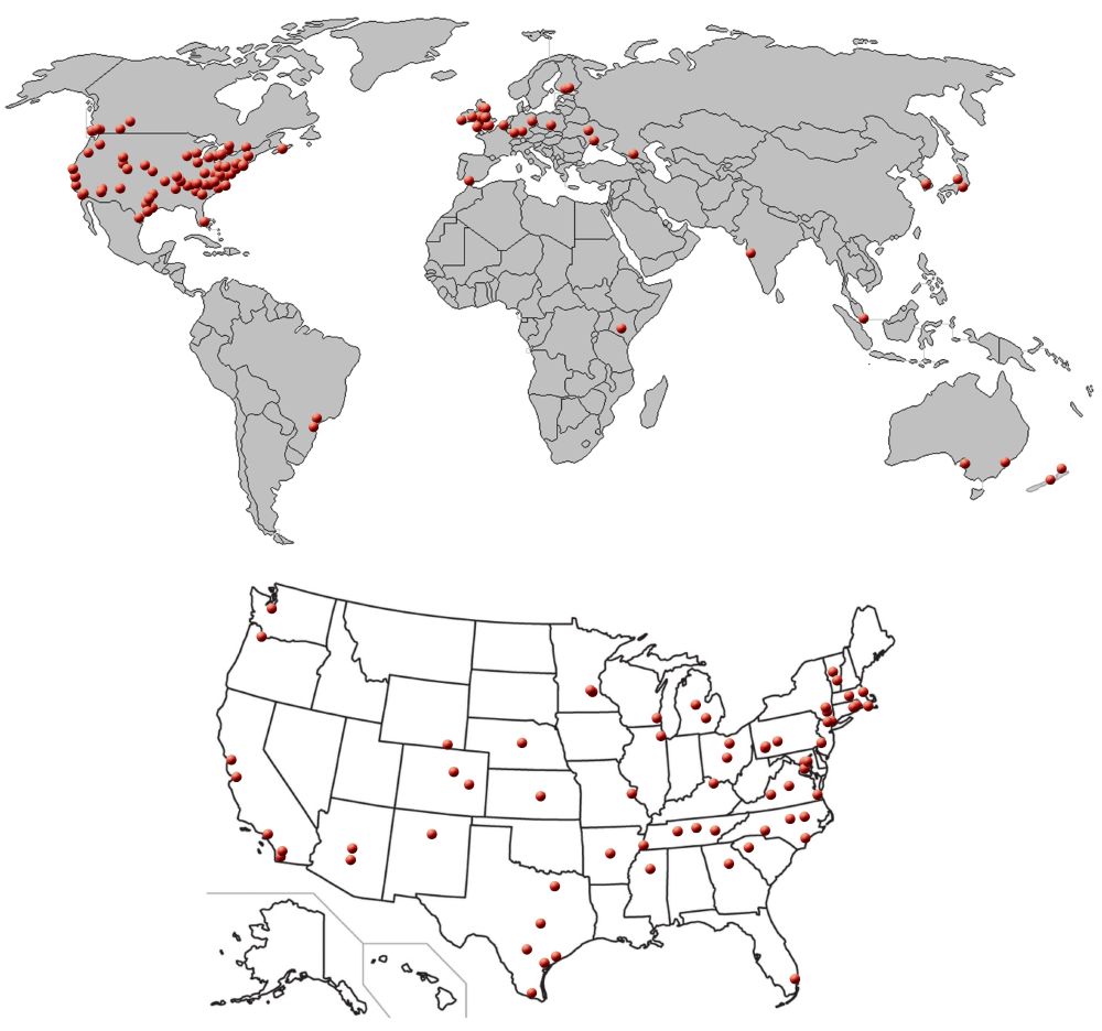 World map with US map below it, showing red pins where submitting author cities are located.