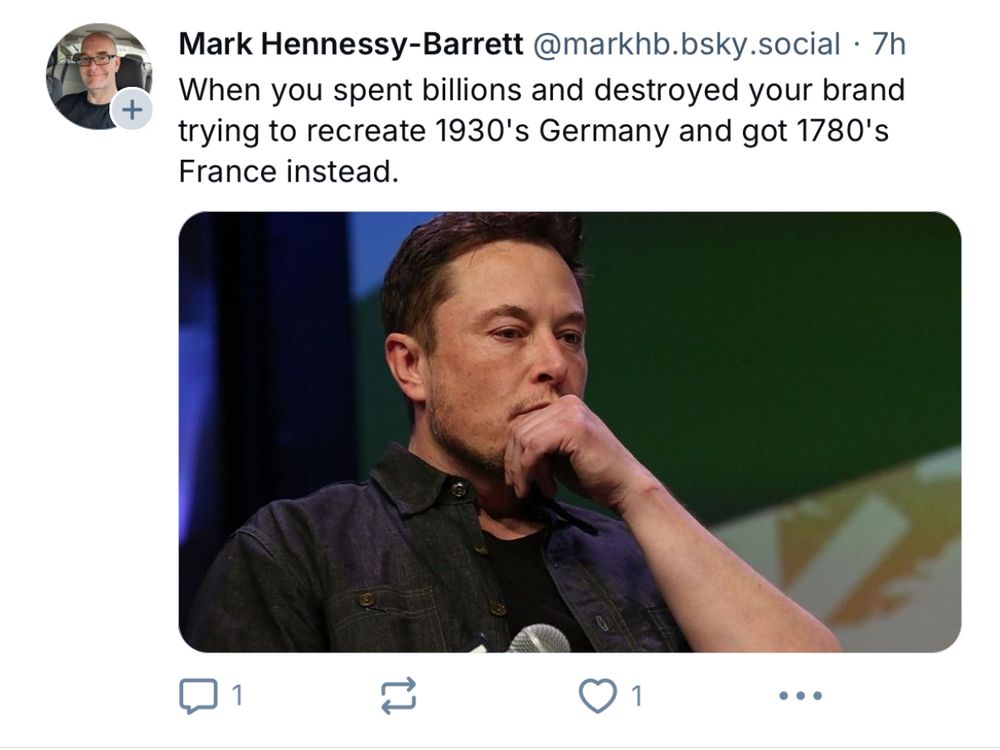 Examples of people stealing a post and posting it as their own. It says “when you spent billions and destroyed your brand to recreate 1930s Germany and got 1780s France instead”