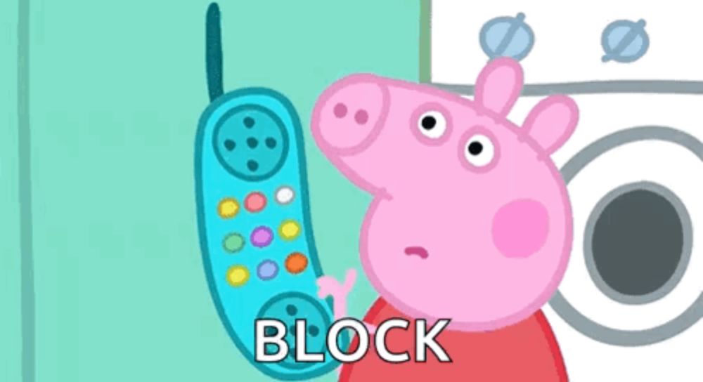 a cartoon of peppa pig holding a cell phone with the word block written on it