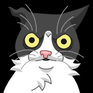 Scrunkly Big Boss, the tuxedo cat, drawn and grumpy, looking at the camera.