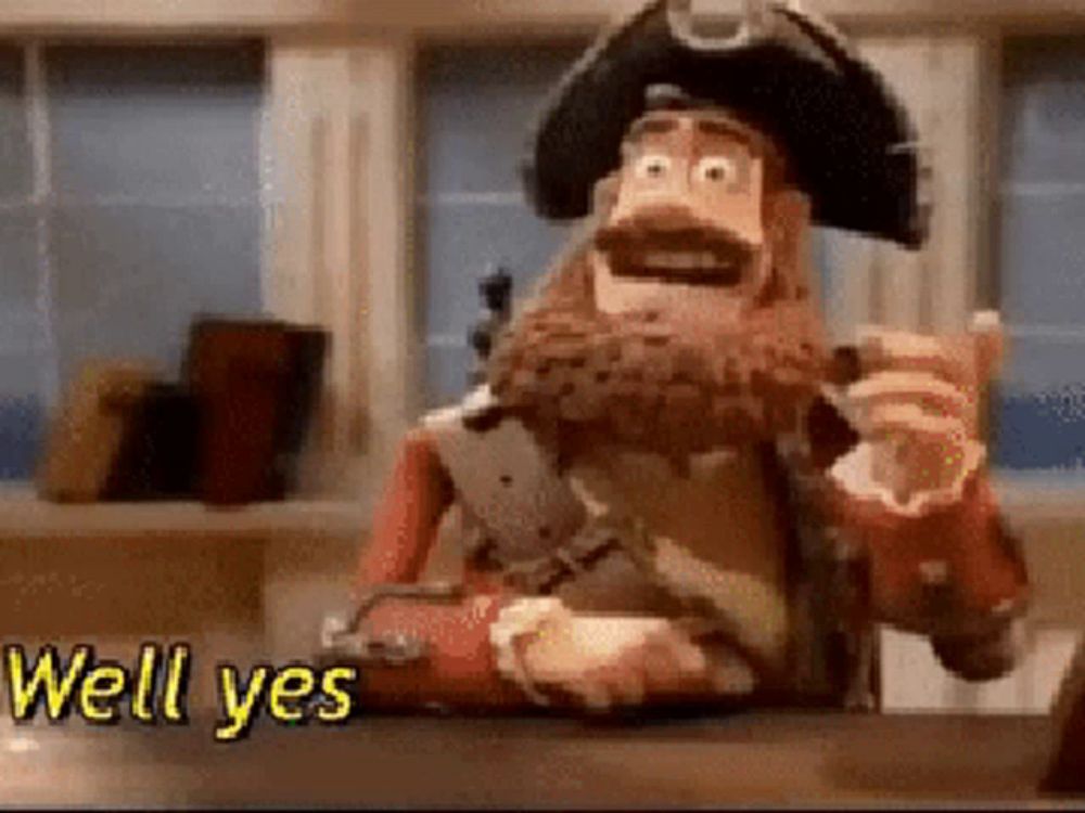 a cartoon pirate is sitting at a table giving a thumbs up and saying `` well yes '' .