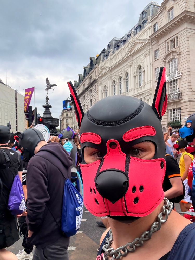 Me in my pink pup hood. With Eros (Shaftesbury Memorial Fountain) in the background 