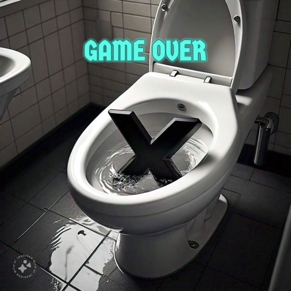 Flushing the letter X down a toilet with the caption Game Over 