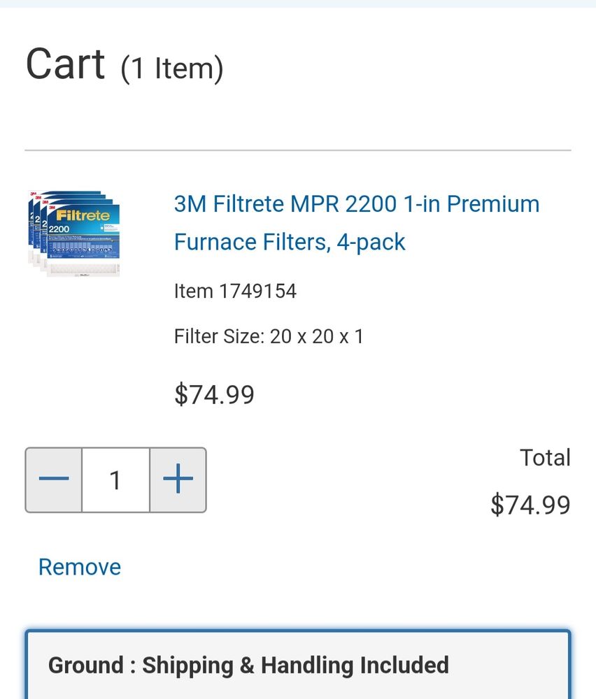 Costco online cart showing 3M filtrete 2200 4 pack of furnace filters 20x20x1 for 74.99 canadian,shipping included. 