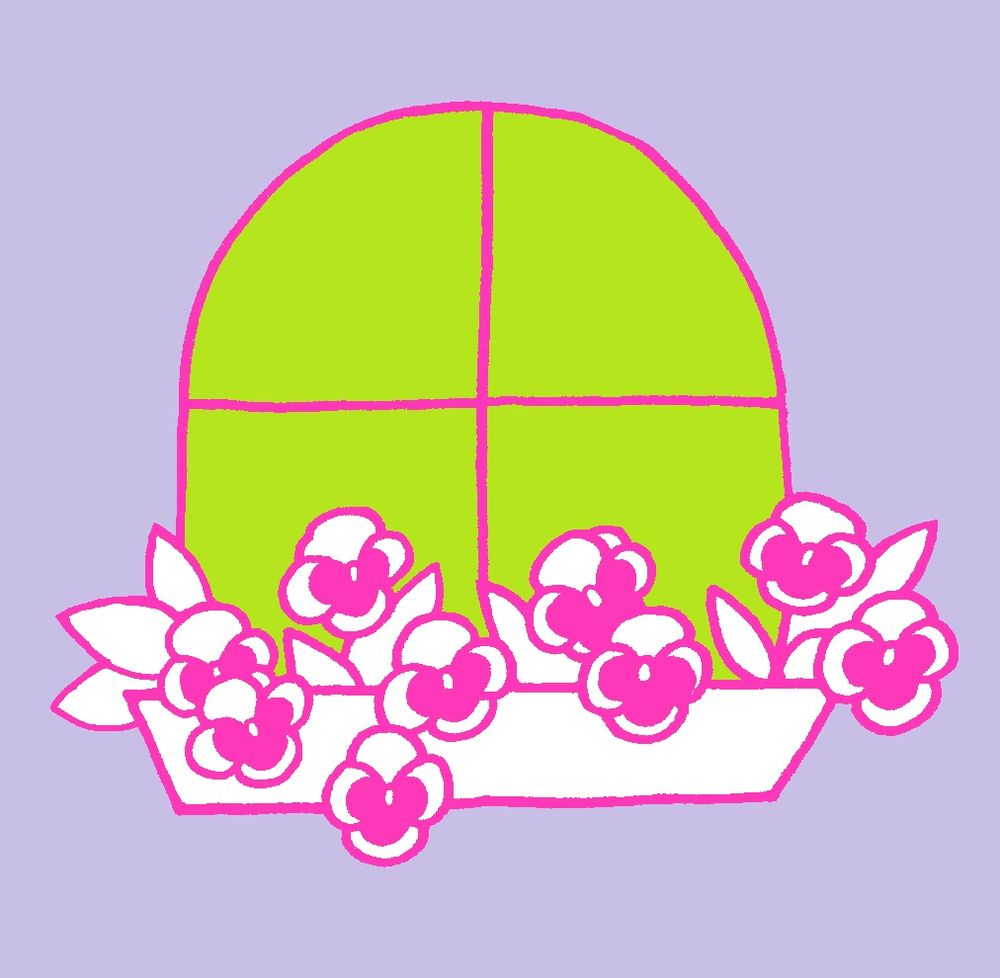 pink, green, and hot pink mspaint drawing of some pansies in a window box