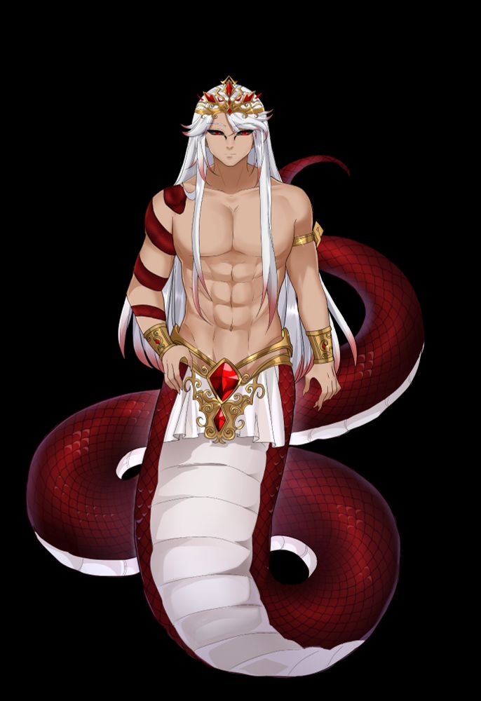 A Naga with red scales, white underbelly and long white hair with red tips. He is wearing various pieces of gold with red gems, and had a red snake tattoo going up his right arm