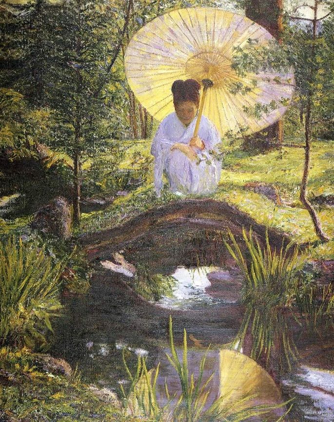 Woman in white kimono with yellow parasol, kneels on edge of pond in garden