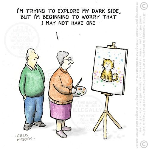 conservatively-dressed older amateur artist has painted a cute pussy cat