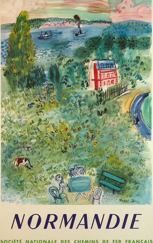 bucolic green scene with table and chairs in foreground, cow in field, red and blue hotel on edge of road, and steamships sailing on the of water in background