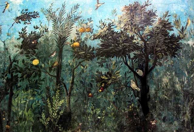 Colourful frescoes of verdant foliage, trees, fruits and birds