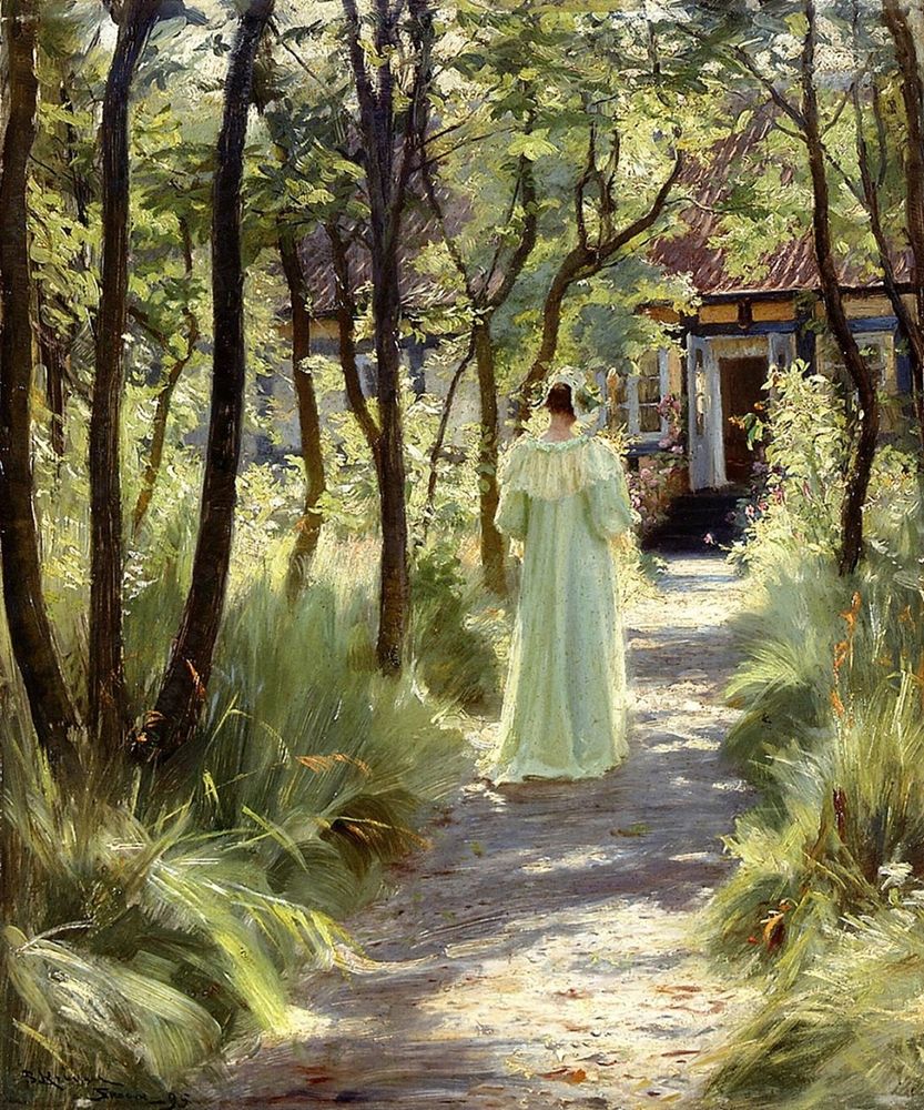 Woman in long pale dress, and bonnet, walks away from us down a sunny path toward house, bordering garden with tall slender trees and grassy plants