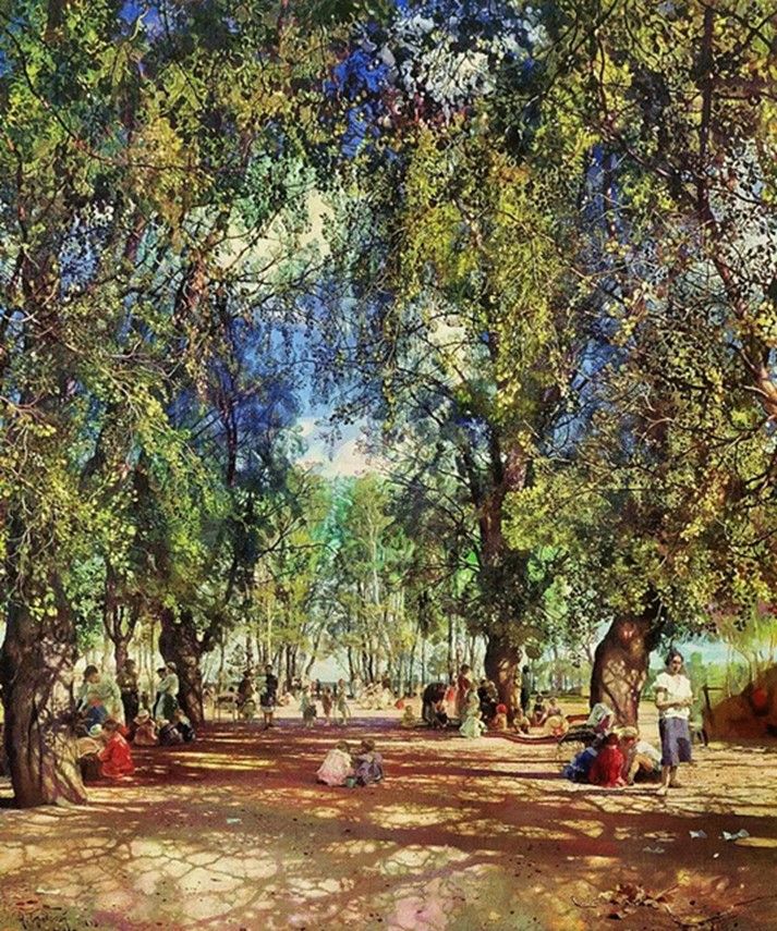 Wide earthen path stretches away into the distance, tall green-leafed trees cast intricate shadows on ground, people relax or play  