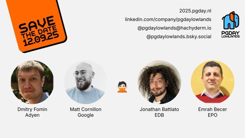 The card highlights our 4 debaters: Dmitry Fomin from Adyen, Matt Cornillon from Google, Jonathan Battiato from EDB, Emrah Becer from EPO