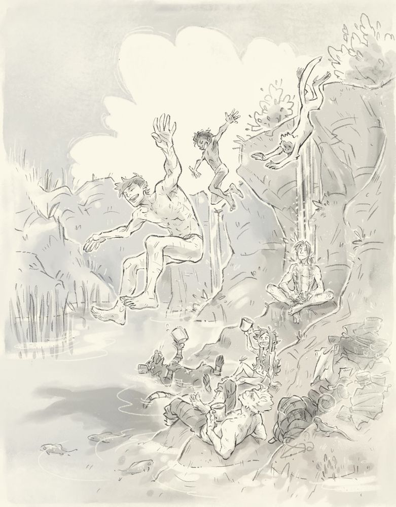Greyscale illustration of a pond, surrounded by some hills with tiny waterfalls. Tales-off-the-Script-characters are enjoying the water, each one in their special way. 
Ahri (elf), Enrico (human) and Barthol (monkey) are jumping into the water from the cliffs. Sretnik (ysoki) lying into the water like it's his natural habitat, holding a mug (of water?), saluting to Tara (fairy) and Jahka (humarrun), both with mugs as well. Tara's already done bathing, Jahka only with feet in water as he might not enjoy bathing as much as the others. Edward (human form, because it dries easier that his fur) meditating under one of the small waterfalls. 
A curious lizard inspects their clothes.