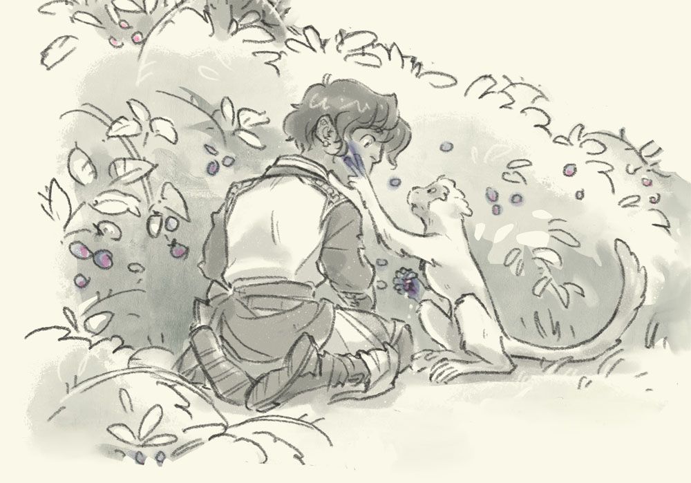 Bartho, a small capuchin, smushed a berry in his hand and uses the juice to give human boy Enrico a warpaint.