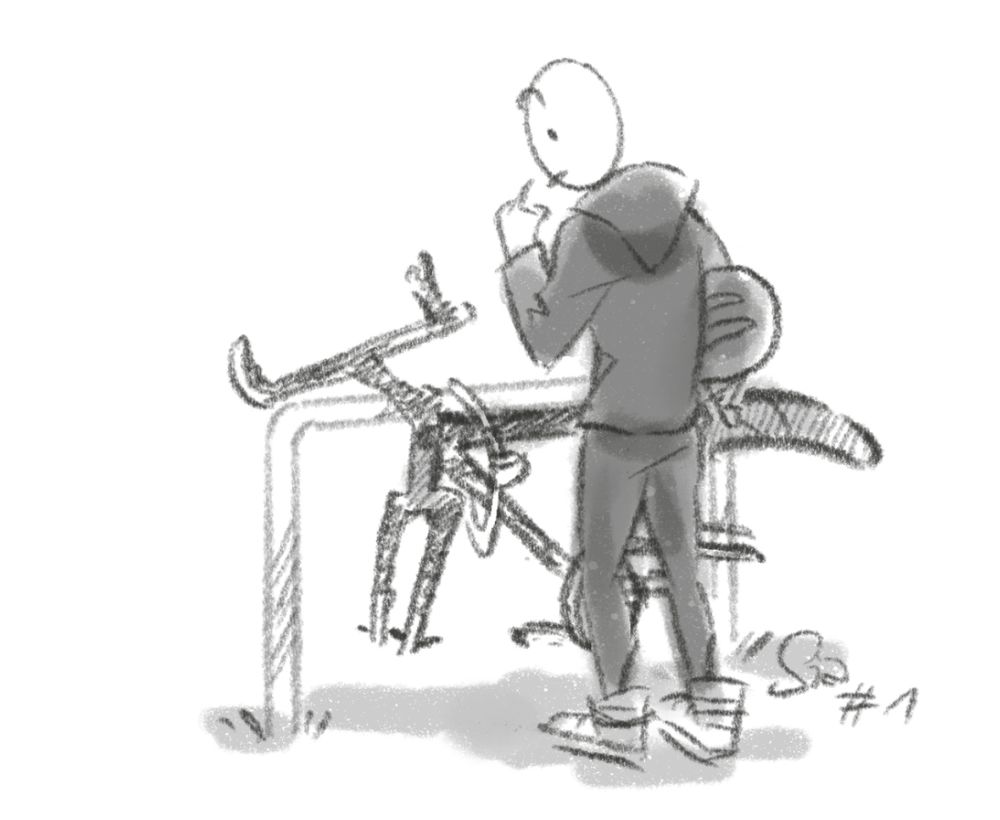 Simple sketch of a person, looking at their bike that is missing it's wheels