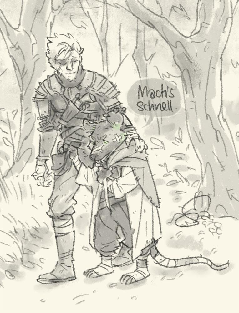 Sketchy illustration of an Ysoki (ratfolk) and a Humarrun (half Amarrun (catfolk), half human) in a forest, the Ysoki asking the Humarrun to "Do _it_ quickly" when it comes to the worst. His expression grim and the Humarrun's maybe a little too soft to be in character.
