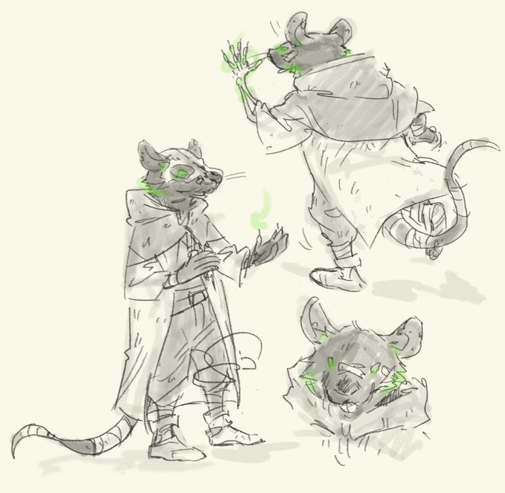 Greyscale sketches of a rat-like character in rugged clothes, with many bandages on his arms, legs and tail. He's got glowing green eyes and his fur has also some green parts. In future, he'll wear a bony mask and I think he might do some mysterious magic. So I added some greenish magic effect around his arm/hand