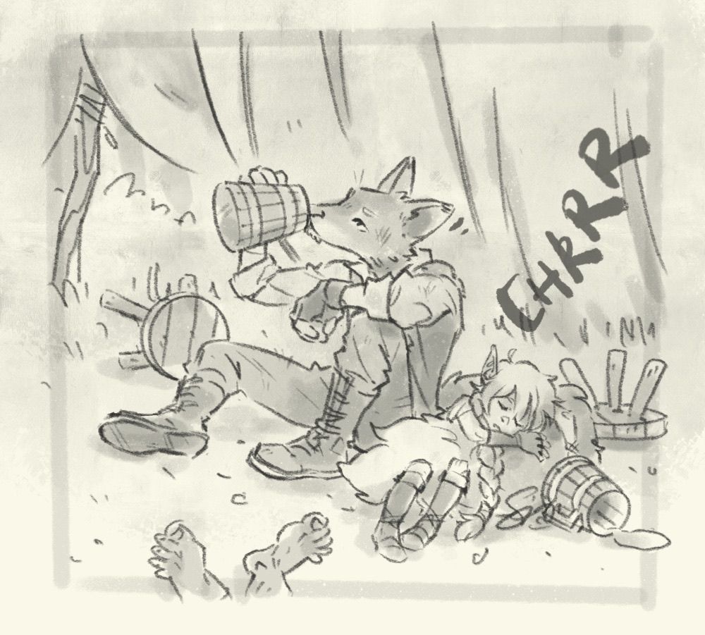 Sketchy drawing of a fox, sitting on the floor of a tavern-like tent, drinking beer, while a small elf lies snoring over his fluffy tail, her beer jug is already empty. Some knocked over stools and a goblin are lying on the floor as well.