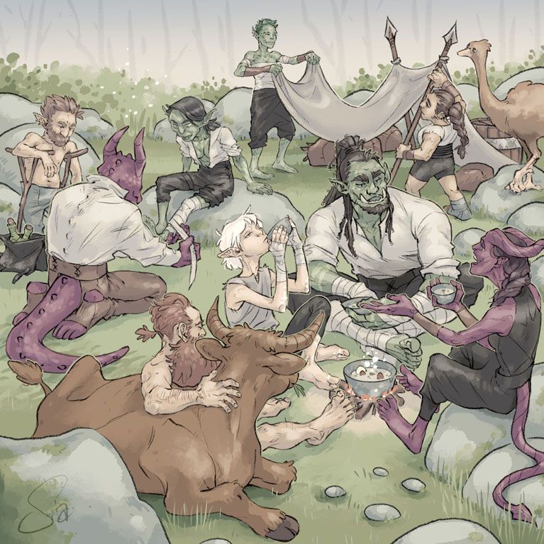 Fantasy'ish illustration of a group of dnd creatures taking a break. In the front, an orc, an elf, a dwarf, a cow and a tiefling sits around a small campfire, cooking a soup, eating, chatting. Behind them, a githyanki and another dwarf are building a tent from what they have with them. And there is a dragonborn who tapes a goblins leg. A halfling waiting next to them for his treatment.
