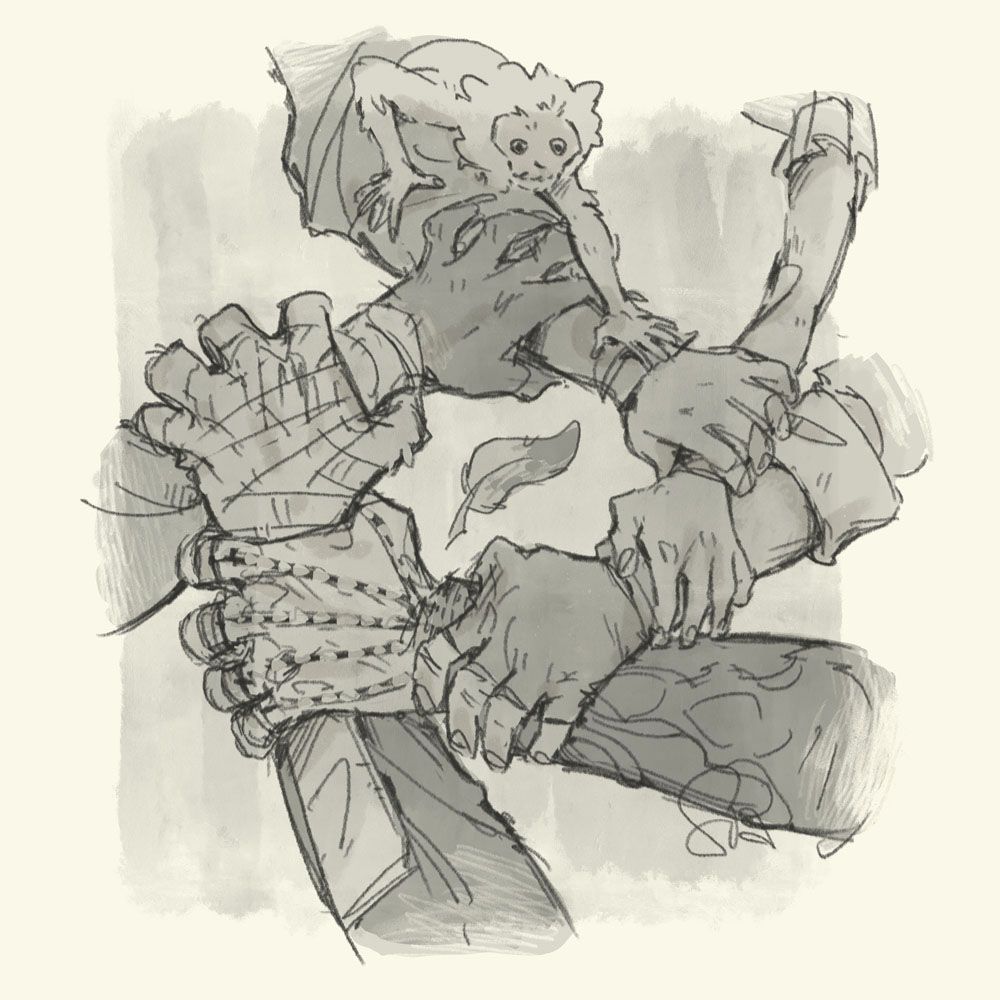 Sketchy illustration of a circle, created by then hands of six persons, each gripping on the arm of the person next to them. They are in different sizes, some with fur, some with bandages and a small monkey sitting on one arm and adding his hand to their circle.

These hands belong to the main characters of Pen&Paper-project "Tales off the Script". 