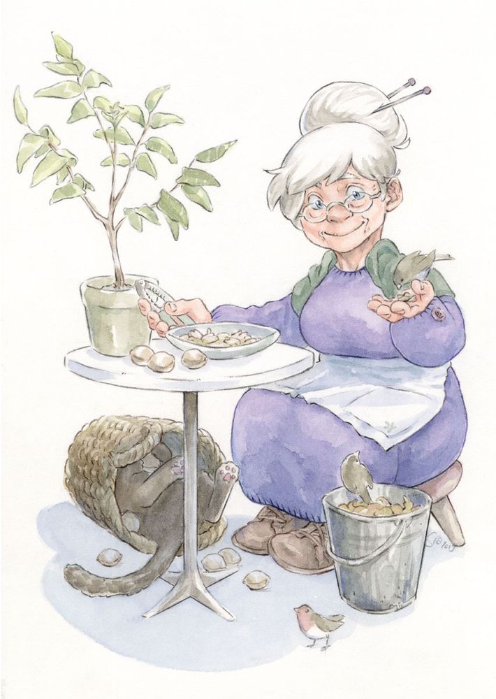 Granny cracking walnuts, sharing with some tiny robins. A basket below the table, tumbled, some walnuts rolling out and a cat inside the basket, only it's feet visible.